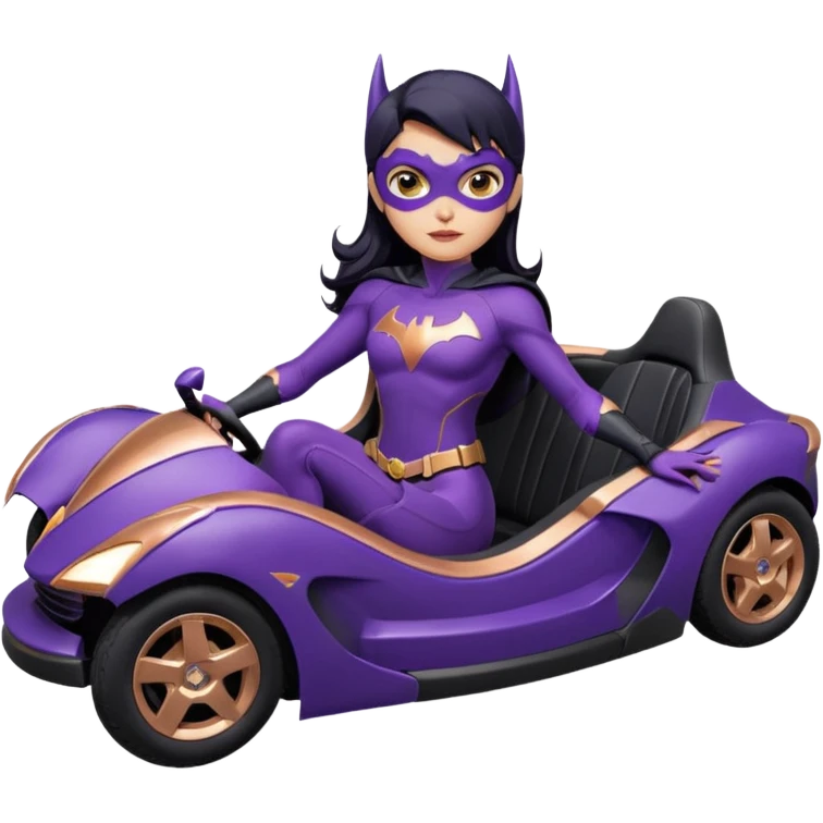  proportionally correct, real-appearance racing adult BatGirl’s feminine midnight-purple tight outfit sixty’s tv show 2032 stealth retro cat burglar sporty petite off-road pursuit floating black hover car with rose gold accents (black hair,reclined and relaxed seating position and attitude) emoji