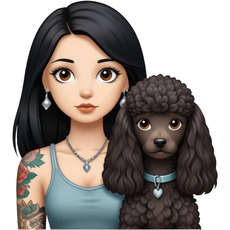 girl with long black  straight hair and tattoos and a  silver Yorkshire and a brown poodle emoji