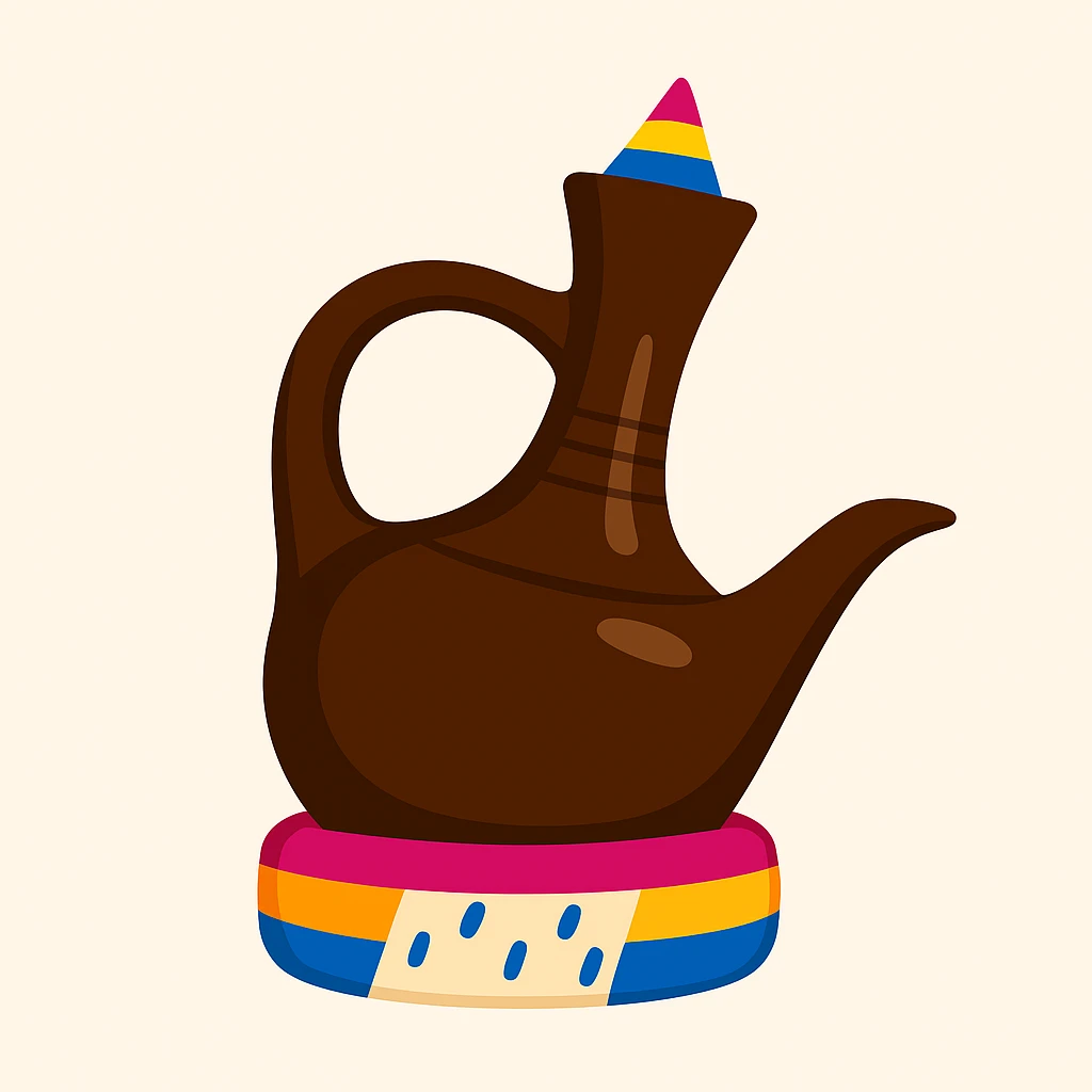 Create an emoji style image of an Ethiopian coffee pot (jebena) with a colorful base, preserving the shape and colorful details. The style should resemble emoji aesthetics with clear, simple, and vibrant colors. emoji