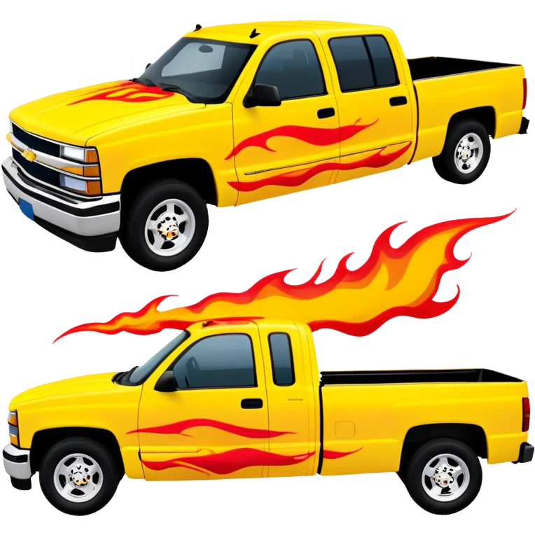 Yellow 1997 Chevrolet C-2500 Crew Cab Silverado with airbrushed red flame artwork on the hood and front fenders, custom painted flames like in Kill Bill movie, 30-degree view, iOS emoji style emoji