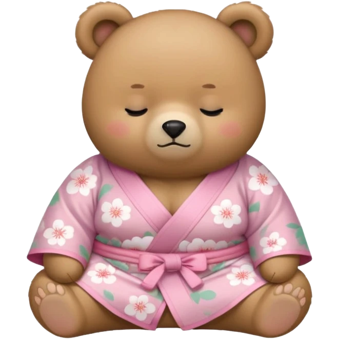A cute chubby light-brown bear wearing a pastel pink sakura-patterned kimono, tiny body and round head, adorable simple face, sleepy half-closed eyes, small blush on cheeks, sitting while dozing off, tiny “zzz” floating above the head emoji