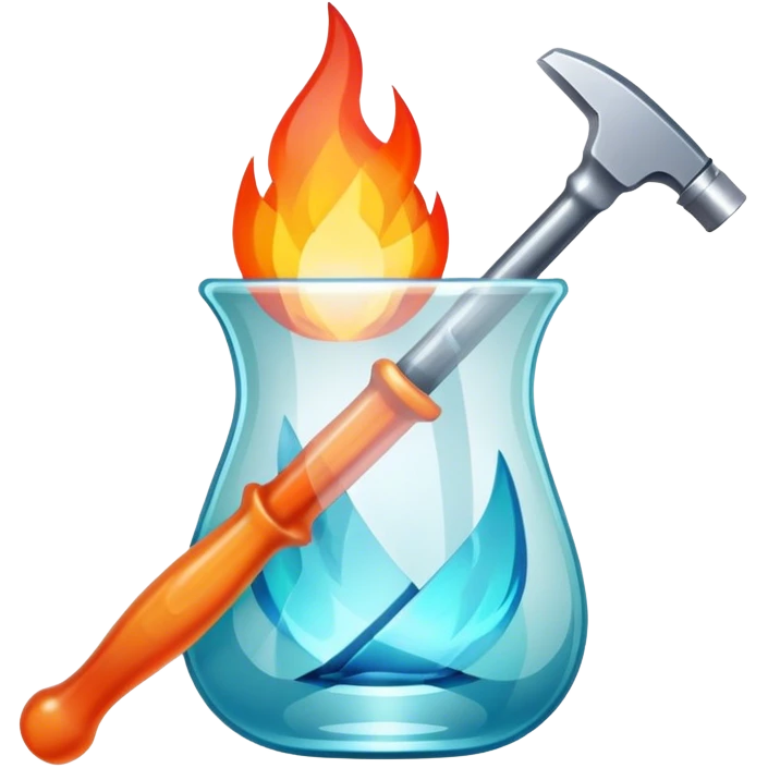 Glassworking icon, piece of glass being shaped with tools, glass cutter, flame for glassblowing, smooth edges, sparkling texture, minimalistic style, clean lines, transparent background. emoji