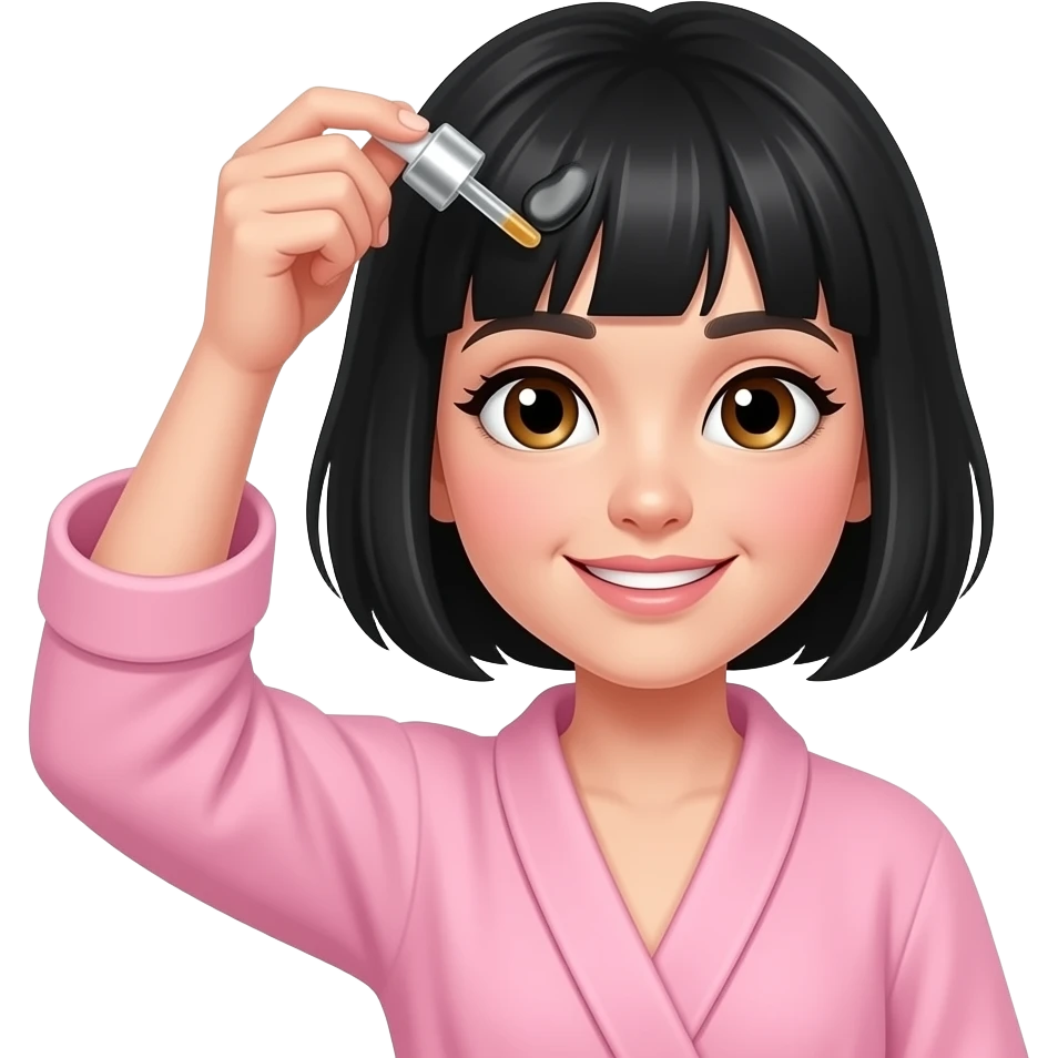 White girl taking care of her black short hair by giving herself a hair tonic massage with a dropper, wearing a pink robe, iPhone emoji style emoji