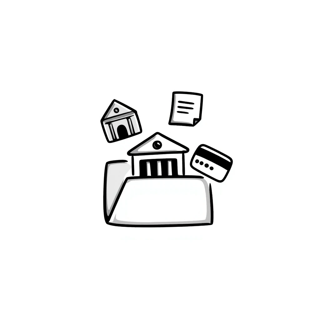 Closed folder icon with small symbols floating around: bank building, credit card, calculator, and document – organized financial archive emoji
