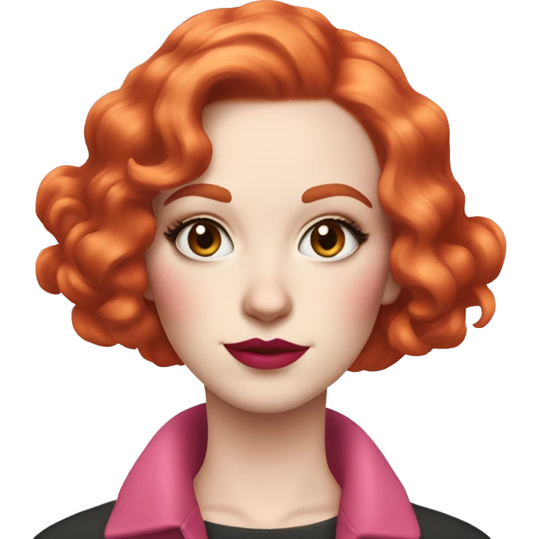 Woman with very pale skin, with bright red curly bob hair that is parted on the side, heavy eye makeup, cat eyeliner, long eyelashes, bright pink blush and bright pink lipstick  emoji