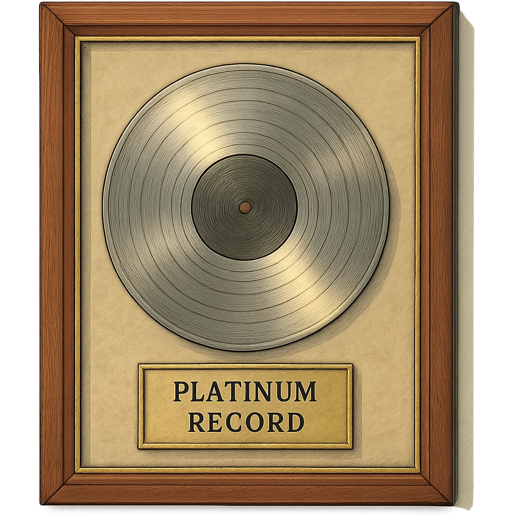 detailed ghibli style illustration of a platinum record award in a frame, soft lighting, elegant emoji