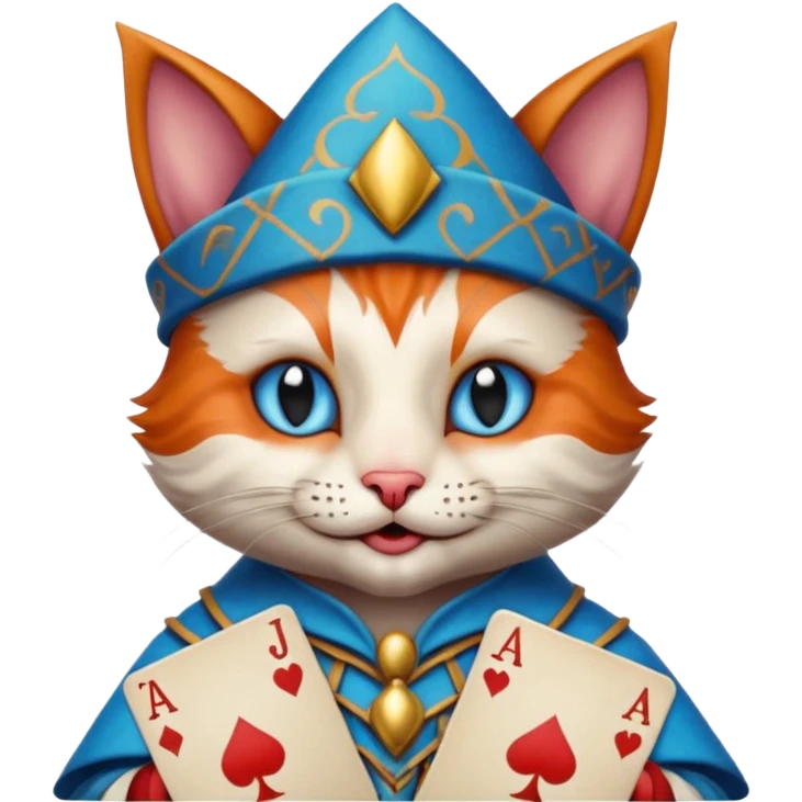 crazy colorful cute little cat jolly joker from poker, medieval, vintage, court jester, mac os icon, blue color, holds poker cards emoji