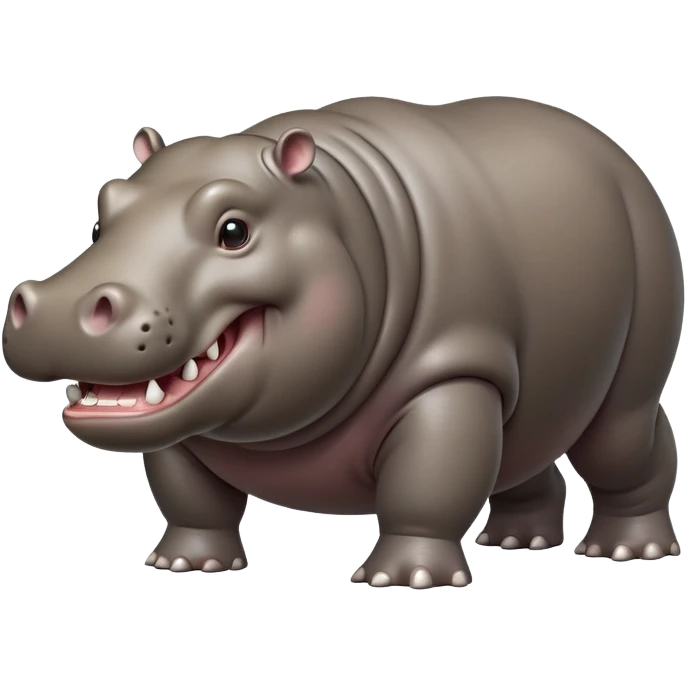 cinematic-hippo-realistic-full-body side view-standing on all fours-emoji,-massive-round-frame,-wide-mouthed-grin-exposing-huge-teeth,-head-tilted-dramatically,-thick-greyish-brown-hide-glossy-from-water,-simplified-yet-realistic-focused-features,-highly-detailed,-glowing-with-an-almost-sarcastic-glow emoji