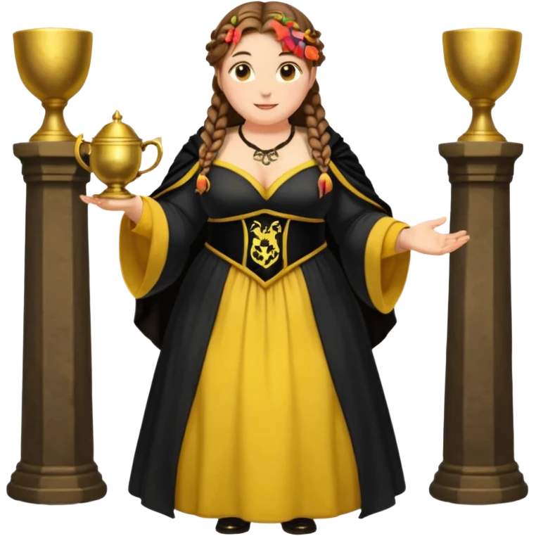 Helga Hufflepuff,brown-haired,2 braids,yellow-black medieval open dress,deep neckline,fat macromastia,black cloak decorated with gold braiding,gold cup with two handles,very kind smile,curvy busty sweet woman,round rosy cheeks,full length with medieval shoes emoji