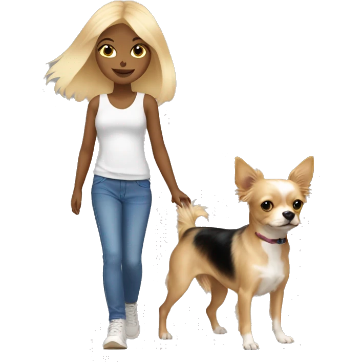 blonde hair blue eyed girl walking her chihuahua and yorkie emoji