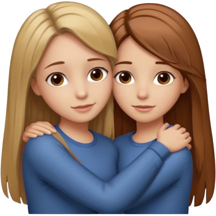 Two girls are hugging. One has dirty blonde hair with a little reddish in it. She has also grey eyes. Her hair is long and straight. The other girl has dark brown hair with hazel eyes emoji