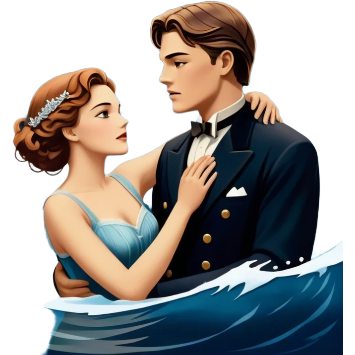 Icon for Titanic Movie: A vintage movie poster-style design featuring a dramatic scene of the ship, the iceberg, and a romantic silhouette of the main couple. Include elements like the ship’s bow, water splashes, and a starry sky in the background. Retro cinematic feel. Transparent background. emoji