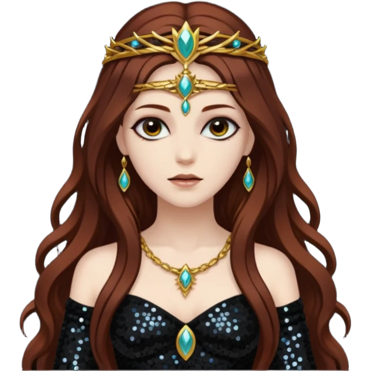 Libera, Goddess of Death from Gods and Goddesses with long dark auburn hair, black sequin outfit emoji