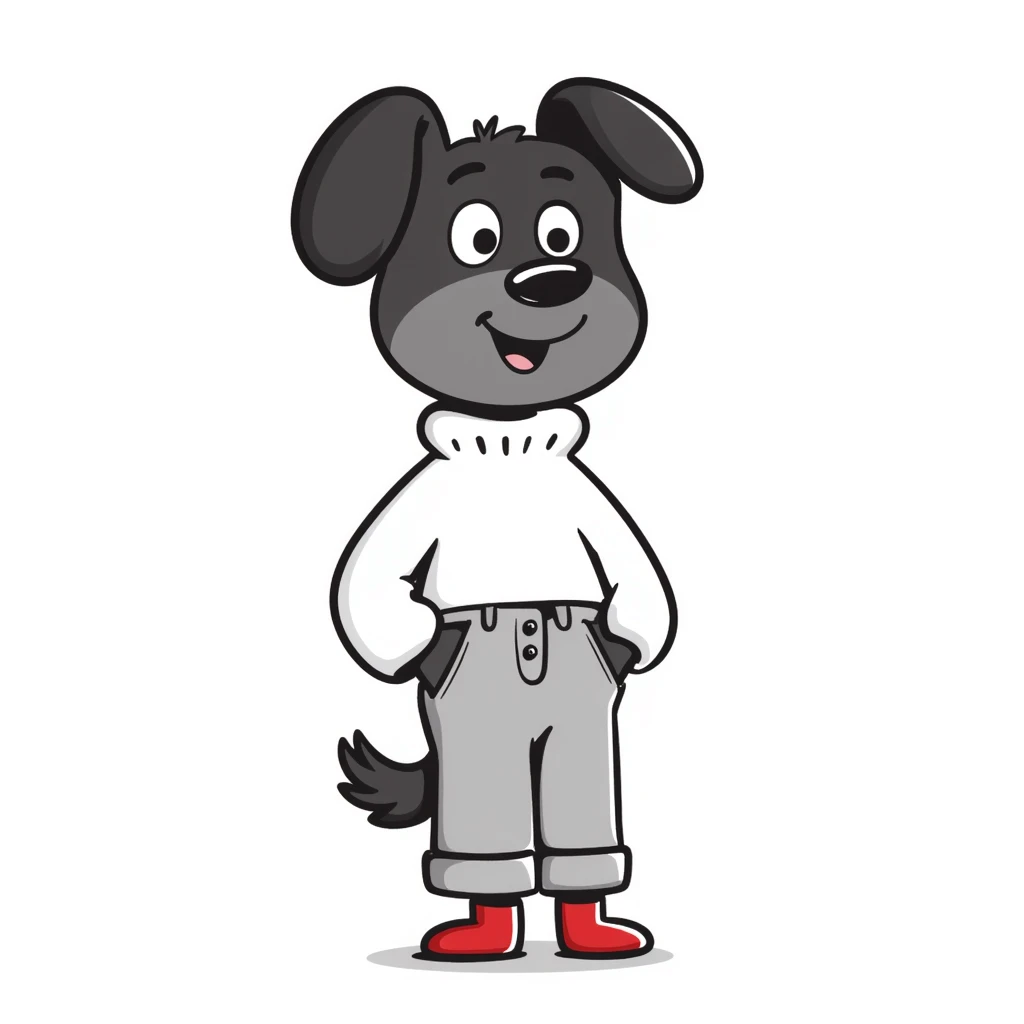 Brown dog standing upright with hands in jean pockets, wearing a white sweater and red shoes emoji