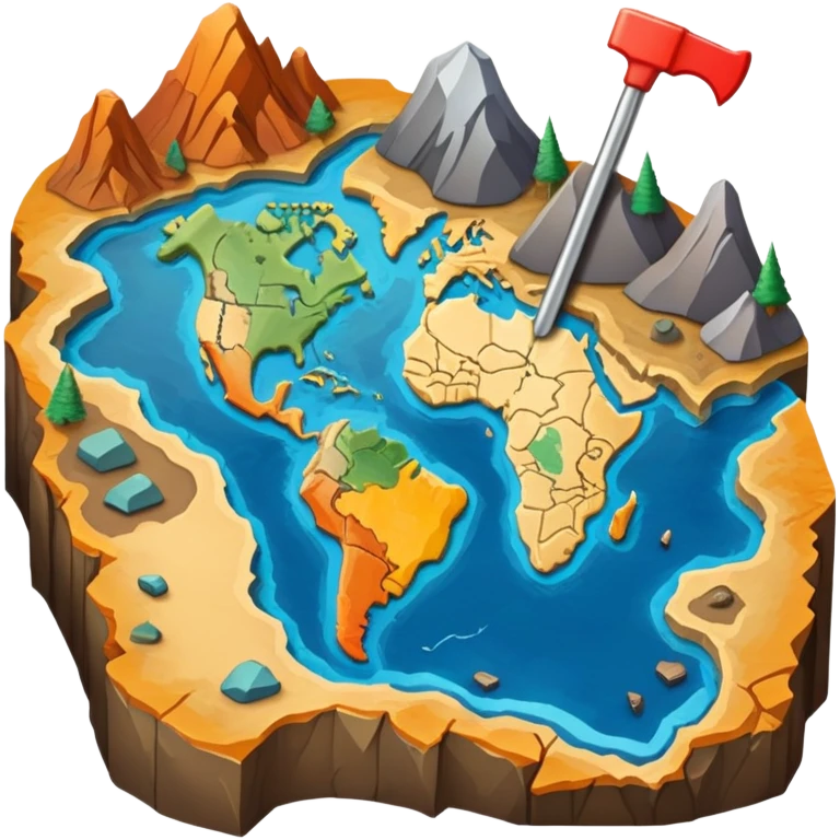 An icon featuring a crowbar and a geological map, and layers of Earth’s crust, symbolizing geology. The design includes mineral samples, fossils, and tectonic plates, representing the study of Earth’s structure and natural processes. Transparent background highlights geological exploration emoji