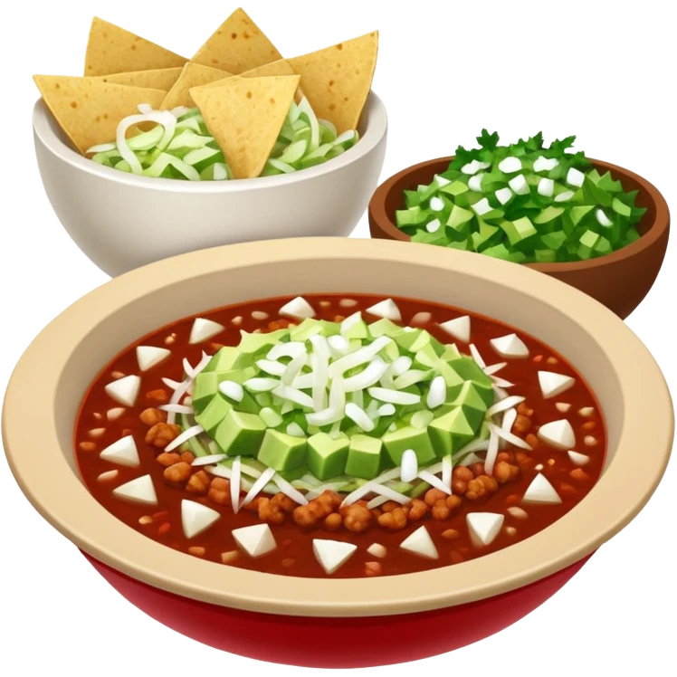 A delicious hot bowl of pozole rojo with the sides next to the bowl: chopped onions, shredded cabbage, lime wedges, red chile de arbol salsa, and full round tostadas emoji