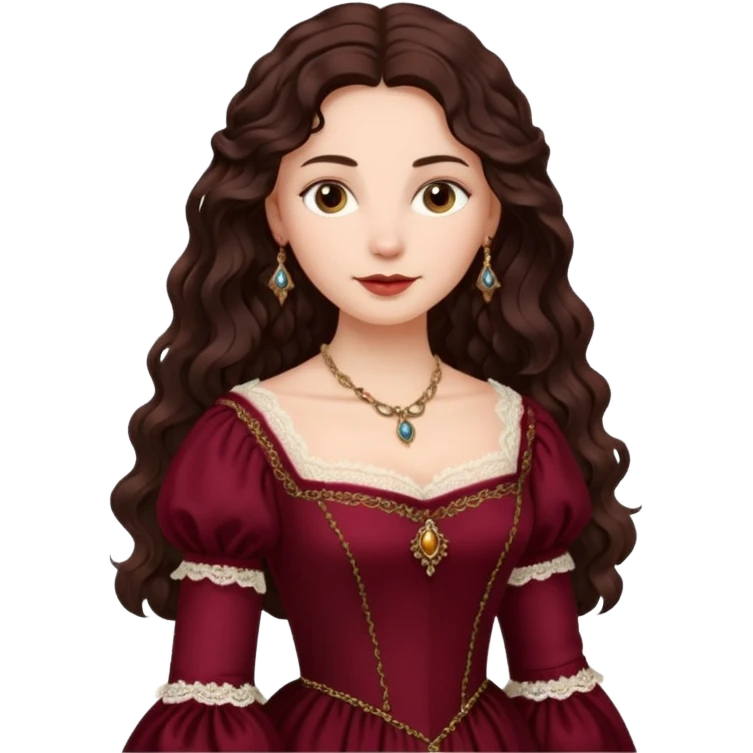 Renaissance lady – long dark brown wavy hair, burgundy gown with lace neckline emoji