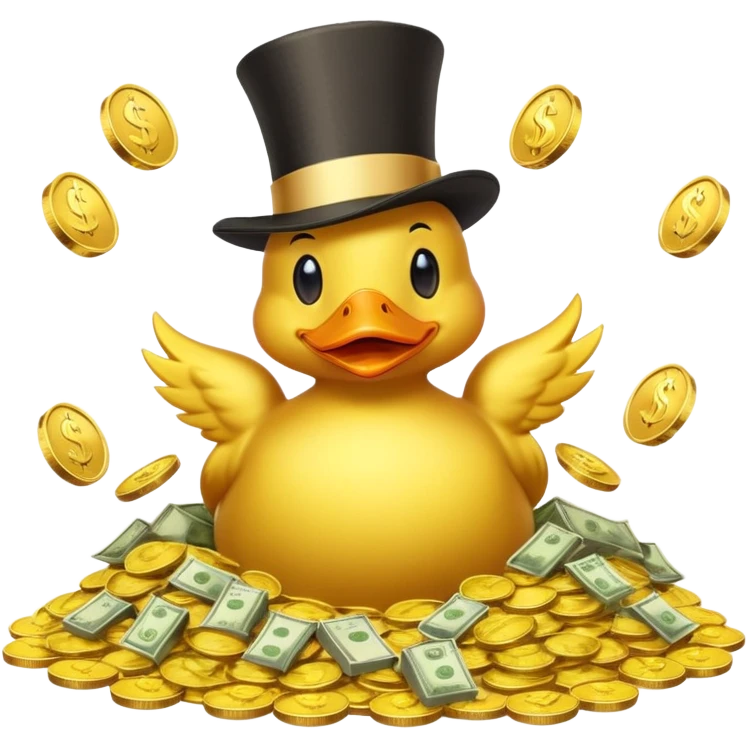 Duck character in top hat swimming in pile of gold coins and money bags emoji