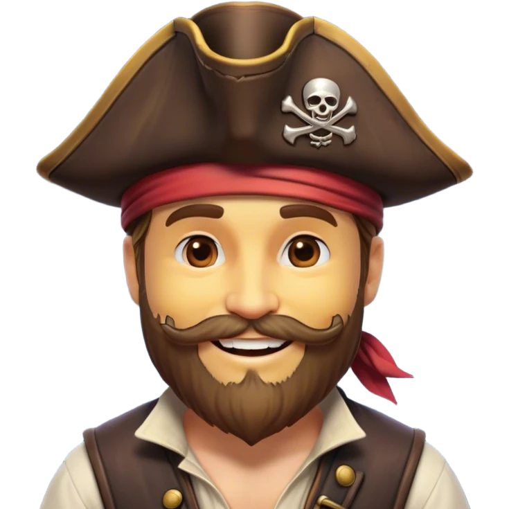 Clash of Clans aesthetic Cheerful Pirate Portrait Emoji, With a bright, confident smile and a relaxed yet adventurous posture, showcasing a stylized, rugged build with a classic pirate hat and a neatly groomed beard, his face in natural skin tone, Simplified yet expressive features, highly detailed, glowing with a soft, luminous maritime radiance, high shine, upbeat and daring, stylized with an air of classic swashbuckler allure, soft glowing outline, capturing the essence of a cheerful pirate ready to chart epic voyages! emoji