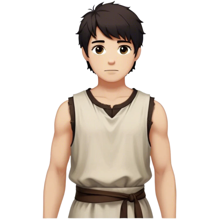 medieval summer outfit worn by a DnD themed fantasy male character. basic sleeveless cotton tunic with a rounded neckline and slightly frayed edges. clothes only above the waist. The clothes full waist. The character's haven't arms. character is white-skinned, black hair, brown eyes, short messy hair. emoji