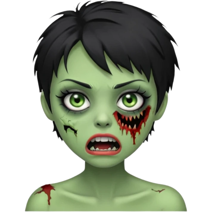 Green zombie girl with messy black short hair with lashes and torn cheek and open mouth  emoji