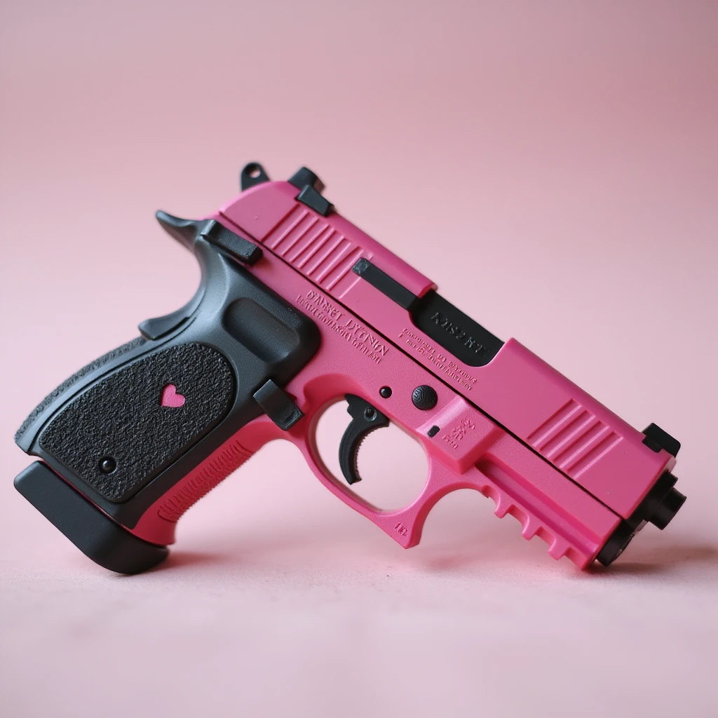 photorealistic pink pistol with a black grip, no heart shapes or motifs, on a white background emoji