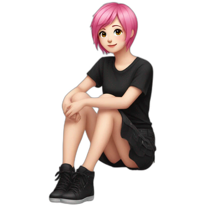 Full body Front view curvy emo girl pink hair sits on the floor straight view hands up black skirt полосатые рваные чулки emoji