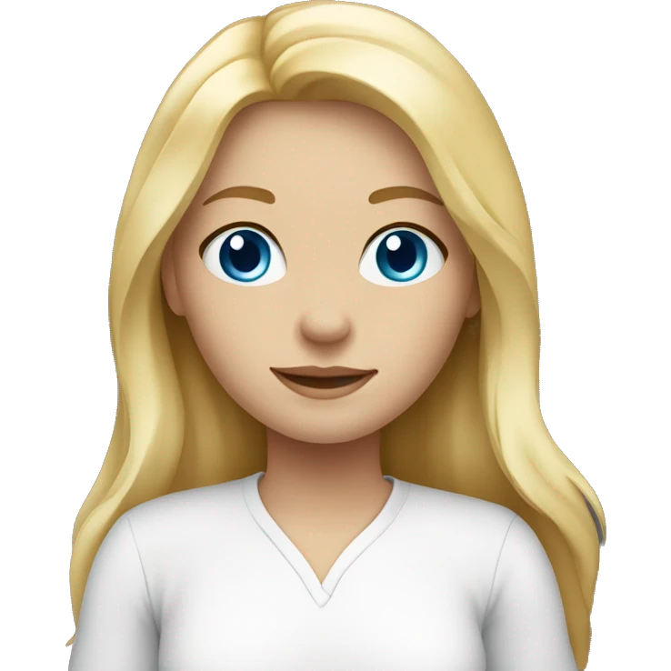 A blond girl with clear skin and blue eyes and long hair. wears a white shirt  emoji