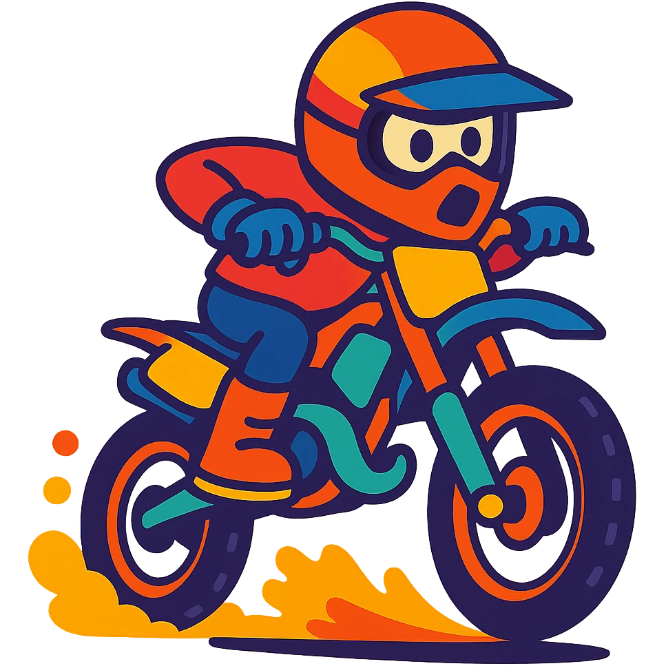 dirt bike racer, cartoon style, bright colors, exaggerated motion, fun and playful emoji