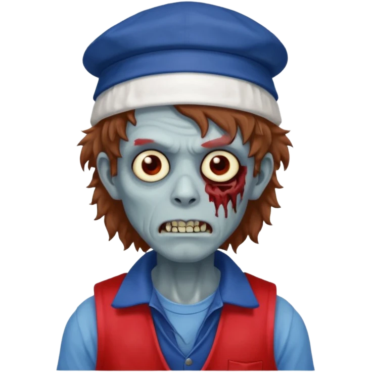 brown fluffy hair zombie with blue and white hat dark blue jilet red t shirt emoji