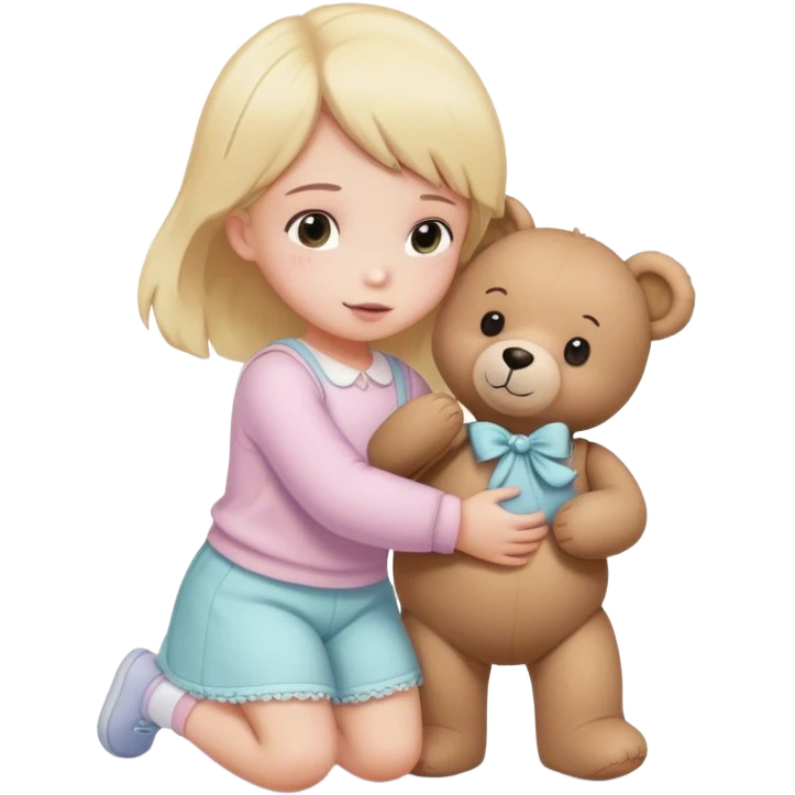 
a child in pastel clothes picks up a teddy bear emoji