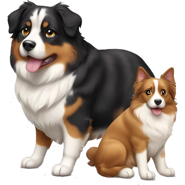 Fat calico cat with a black and tan Australian Shepard dog emoji