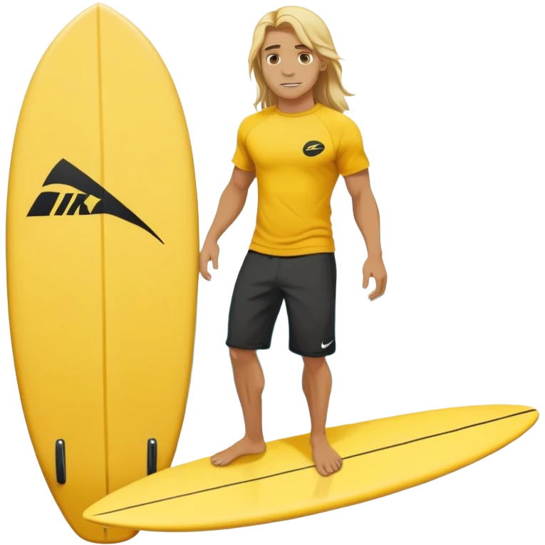 Man Surfer surfing with long blond hair, yellow t-shirt with black Nike logo in center of chest, black baggy sweatpants. On a yellow and white board emoji