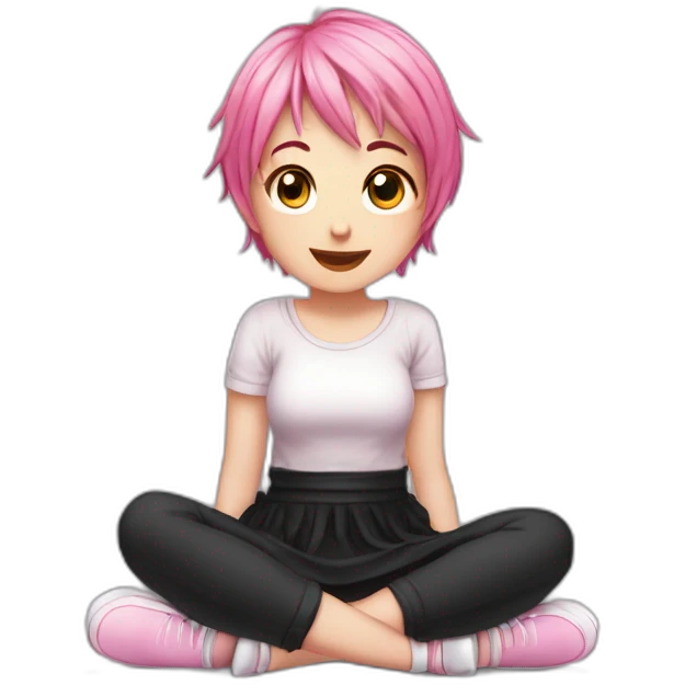 Full body Front view curvy emo girl pink hair sits on the floor straight view hands up black skirt белые трусики полосатые рваные чулки emoji