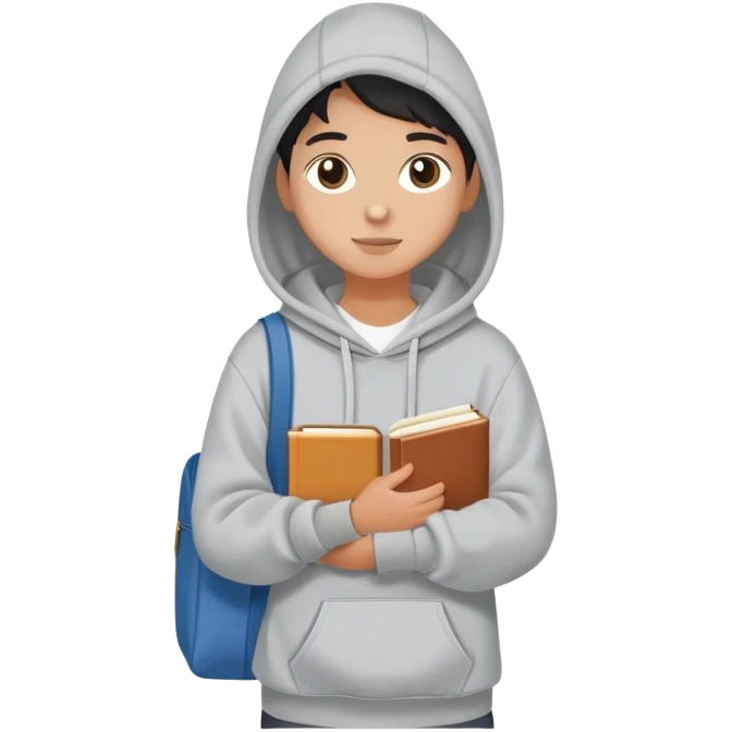 A flat-style illustration of a college student with a tote bag over the shoulder and a book in one hand. The student wears a hoodie. Clean cartoon style, white background, iOS emoji aesthetic. emoji