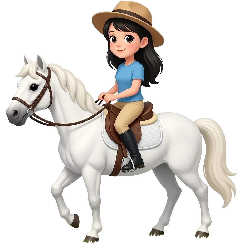 Chica de cabello negro con sombrero cabalgando un potranco blanco en hierba emoji