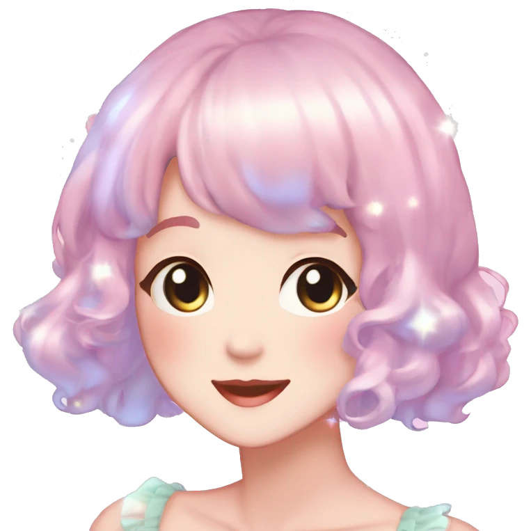 Gorgeous anime style lady blushing face dreamy idol model colorful shiny sparkle kawaii pastelcore cottagecore pearly petite simplistic aesthetic trending style emoji