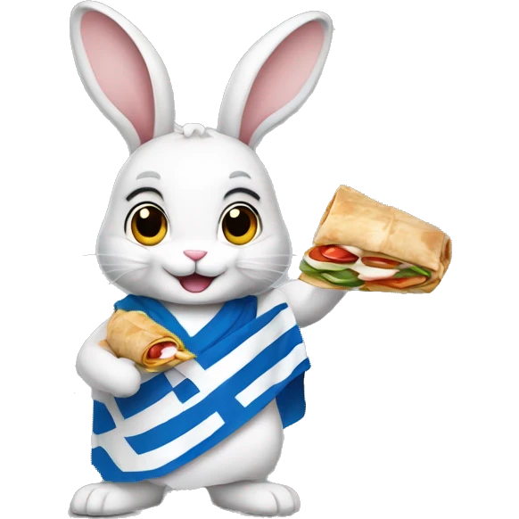 Bunny rabbit wearing Greek flag and holding gyros pita wrap emoji