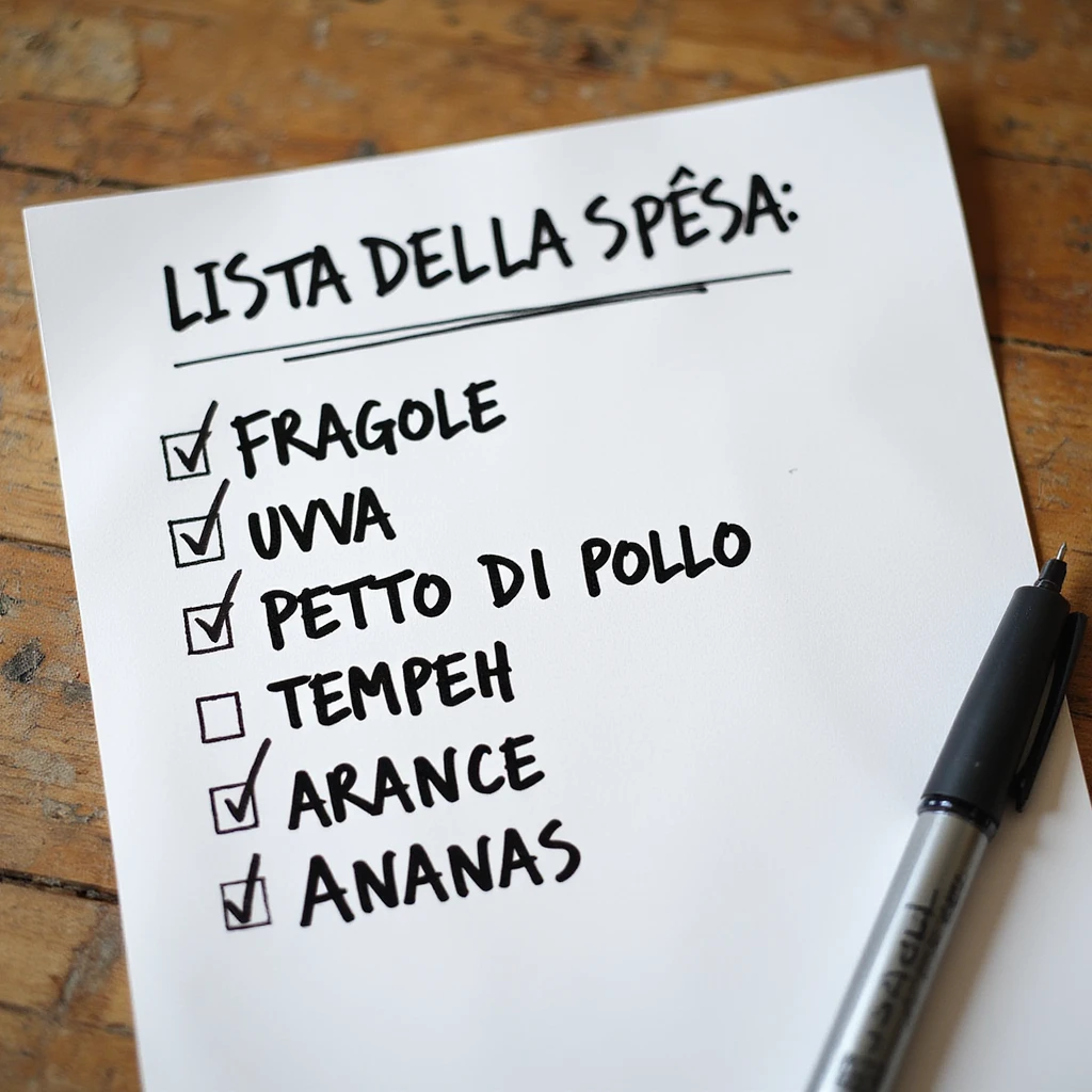 top view of a sheet of paper with handwritten shopping list in pen: 'LISTA DELLA SPESA: - FRAGOLE - UOVA - PETTO DI POLLO - Tempeh - ARANCE - ANANAS', with check marks on purchased items, hyperrealistic 4K, no background emoji