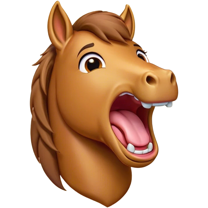 Cinematic Cute Yawning Bay Horse Portrait Emoji, Head tilted slightly with a dramatic, wide-open yawn, revealing a smooth bay fur with a subtle luster, floppy ears slightly drooping, round amber eyes barely open in drowsy contentment, Simplified yet irresistibly adorable features, highly detailed, glowing with a soft, cozy glow, high shine, relaxed yet expressive, stylized with a touch of equine whimsy, bright and endearing, soft glowing outline, capturing the essence of a sleepy yet affectionate horse, so drowsy it feels like it could stretch out of the screen and curl up for a nap! emoji