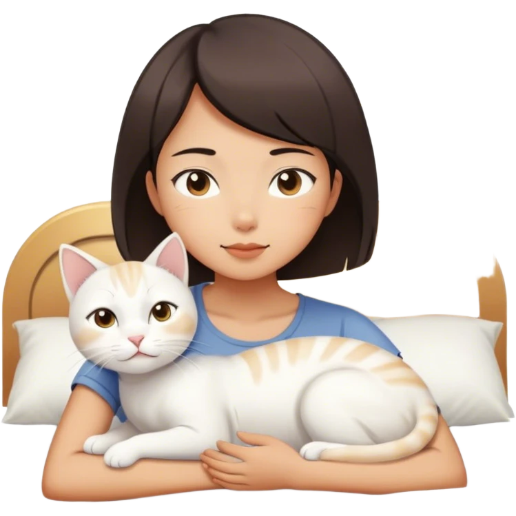 Short hair Asian girl wake up with white cat , sunshine  emoji