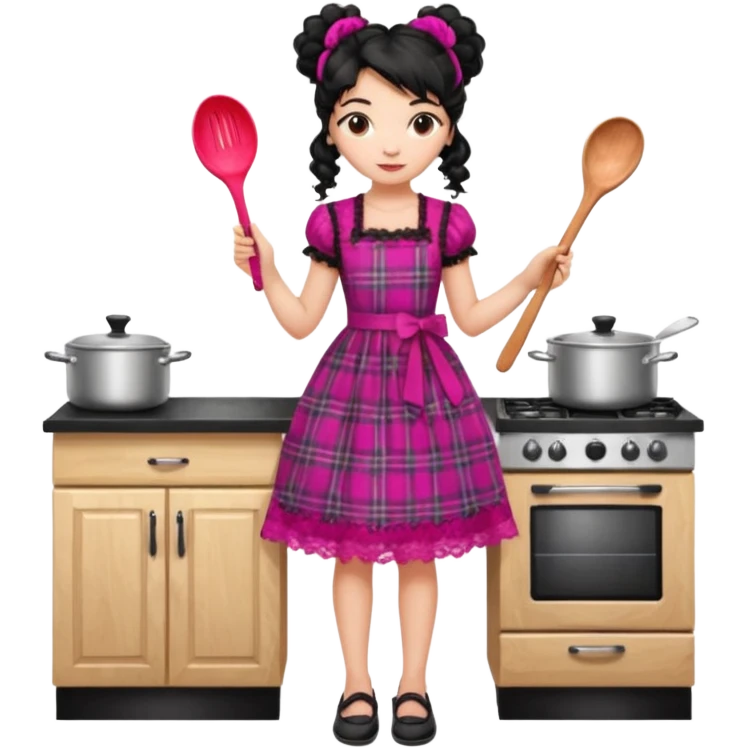 
A beautiful girl wears a fuchsia lace dress with a plaid pattern. Her long, curly black hair is styled in a messy bun. She wears accessories and holds a wooden kitchen spoon. She is standing and wearing black shoes. The illustration style is clipart. emoji