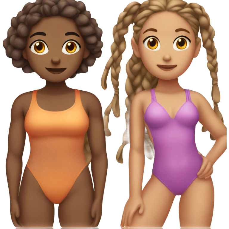 2 girls, one with caramel colored skin, one with darker skin and braids, in swimsuits emoji