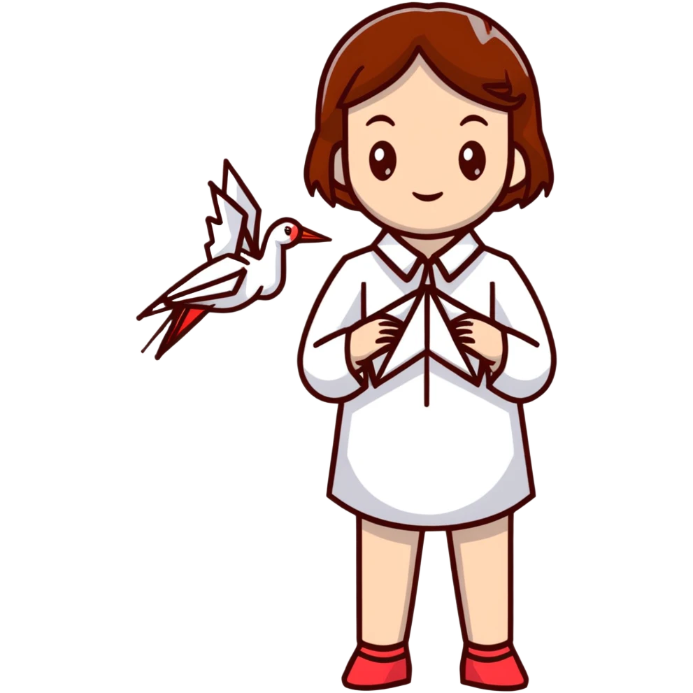 Ukrainian young girl with brown hair wearing a white embroidered shirt holds an origami red crane emoji