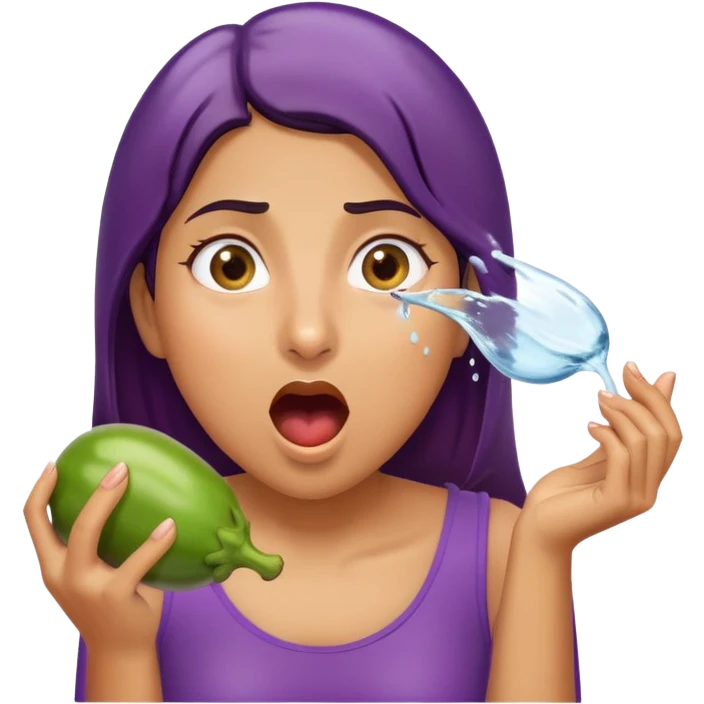 surprised woman eating an eggplant, eggplant squirting a stream of water, expressive face emoji