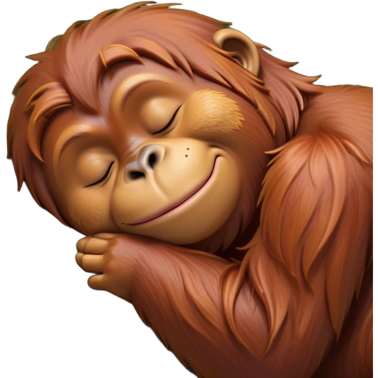 Meme-Worthy cute Sleeping Orangutan Portrait Emoji, Head resting peacefully with a contented smile, showcasing luxuriously soft fur and eyes gently closed in serene slumber, Simplified yet comically adorable features, highly detailed, glowing with a soft, drowsy jungle light, high shine, relaxed and utterly lovable, stylized with an air of playful laziness, bright and heartwarming, soft glowing outline, capturing the essence of a sleeping orangutan that feels destined to become the next viral icon of adorable rest! emoji