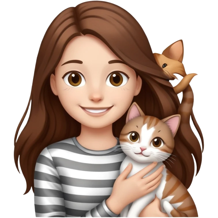 smiling girl with long hair holding a cat with silver stripes emoji