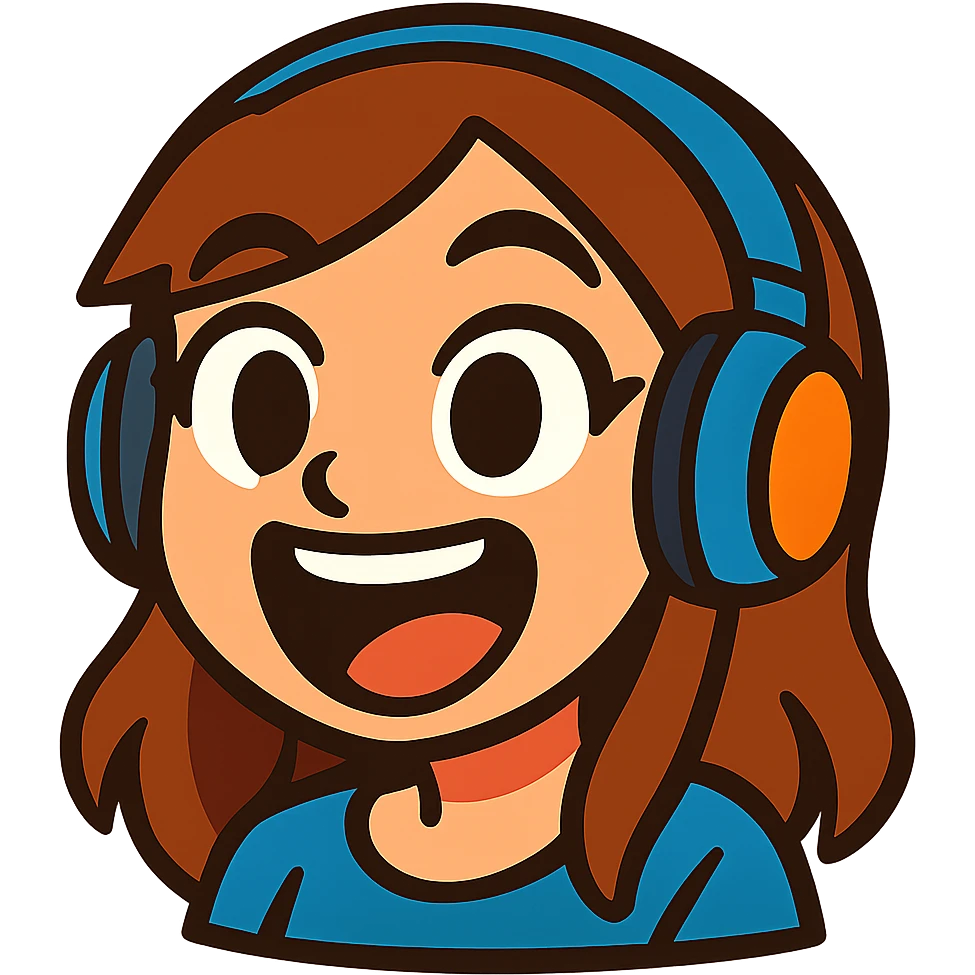 brown-haired gamer girl, excited expression, headphones, head only, emote emoji