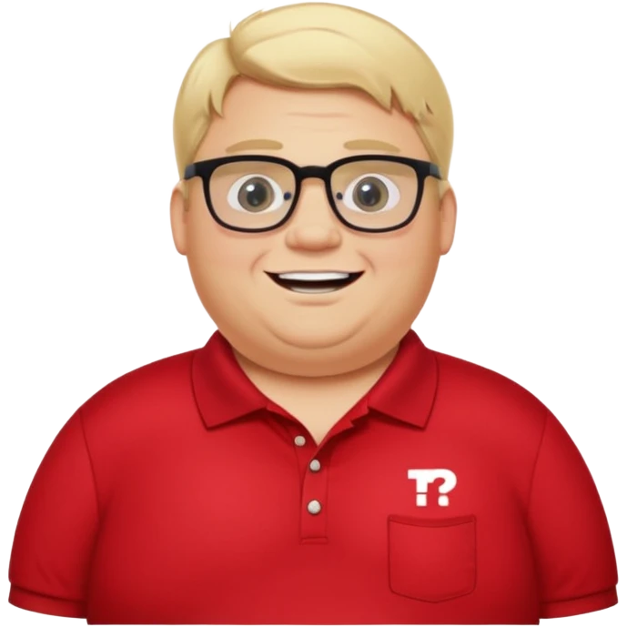 Fat blonde man missing front tooth and wearing glasses in red polo and black pants with a text bubble saying hi I’m Preston the alignment tech  emoji