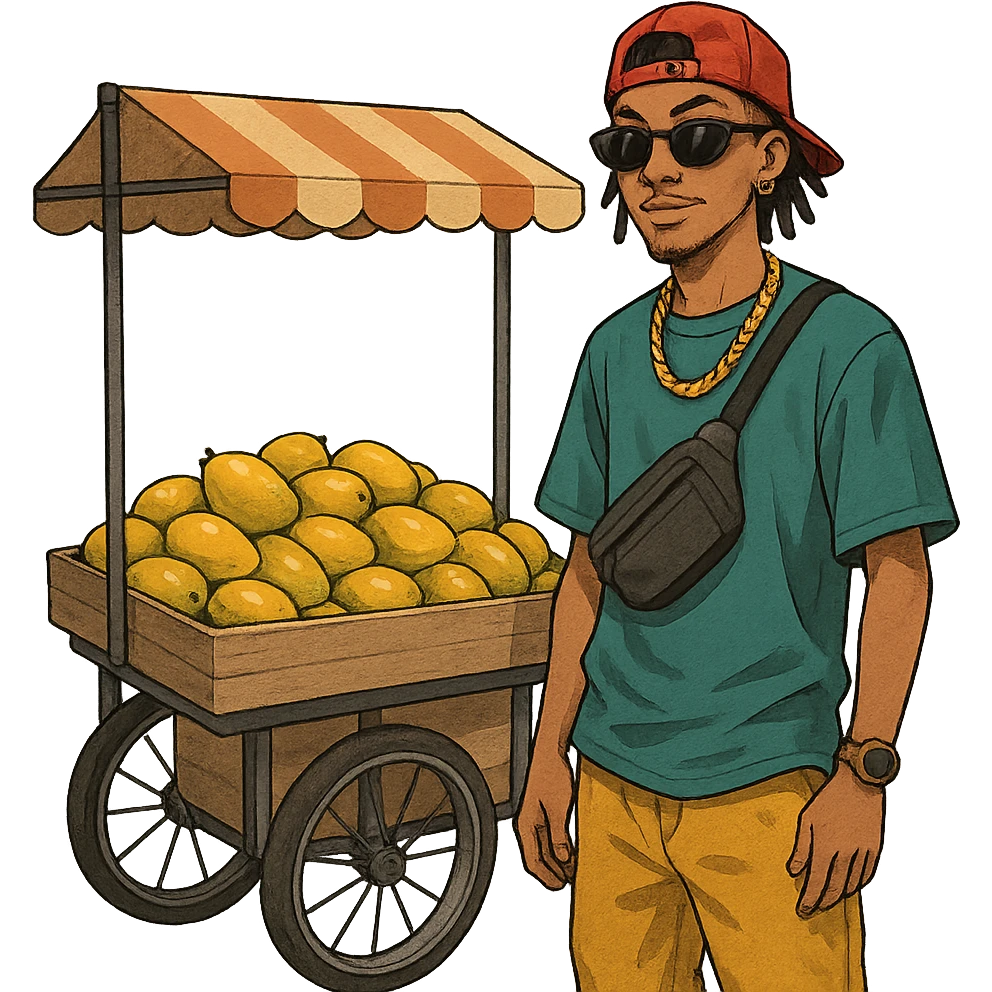 a young man selling mangoes, wearing hip street clothes and accessories, standing by a fruit cart emoji